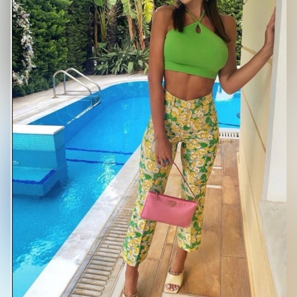 Zara Green & Yellow Floral‎ Abstract Print High Waist Stretch Cropped Pants XS